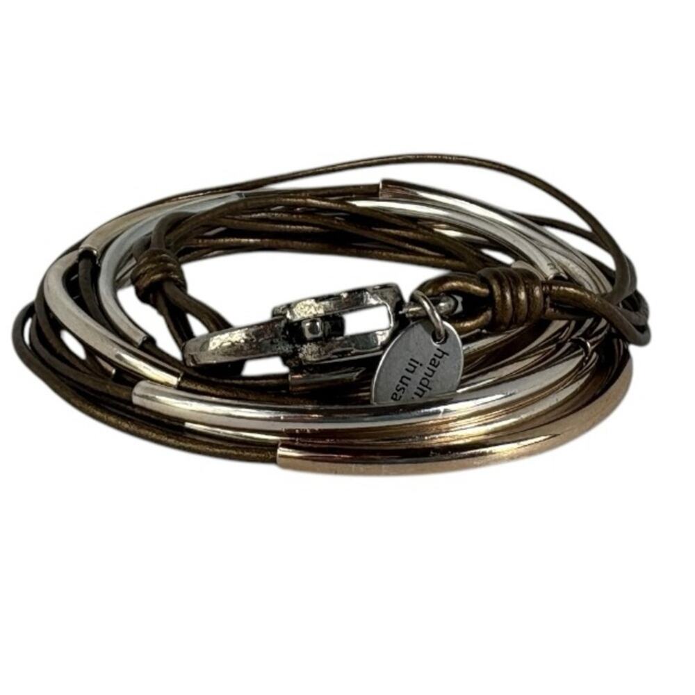Lizzy Classic 4 Strand Bronze Leather Necklace/Wrap Bracelet in Silver